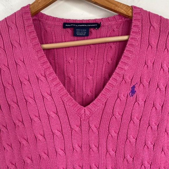 Ralph Lauren Cable Knit Sweater M Pink VNeck Pony Classic Old Money Tennis - Picture 2 of 8